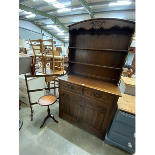 31 - Mid century oak linen fold dresser 179H 95W 45D, oak clothes airer and a mahogany lamp table