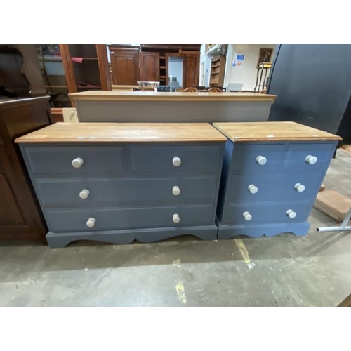 32 - Painted pine 2 over 2 chest 73H 63W 45D and a matching 2 over 2 chest of drawers 73H 110W 45D