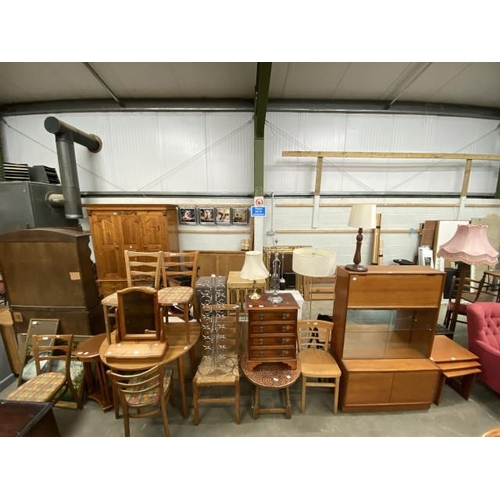 37 - Assorted furniture including a mid century Formica drop leaf table 75H 45-99W 90D with 4 chairs, mah... 