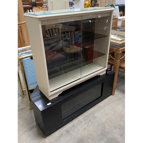 45 - Cream display cabinet 84H 94W 28D and a contemporary black media stand 41H 116W 47D