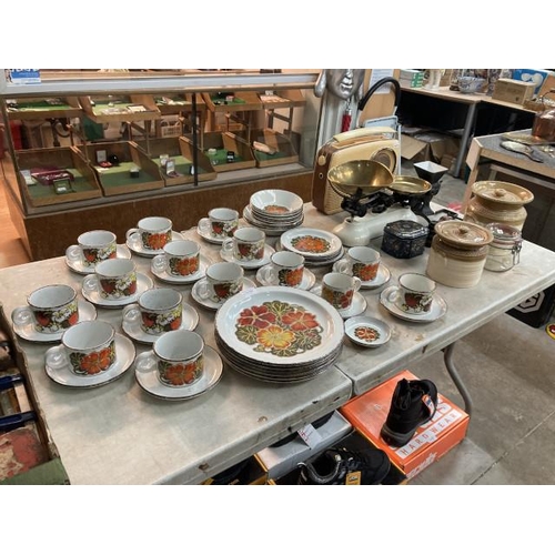 454 - 50 piece Midwinter 'Nasturtium Stonehenge'  tableware's, Bush radio, cast & brass scales with 5 cast... 