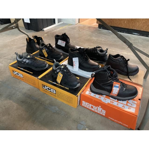 455 - 9 pairs of ex shop stock work safety shoes/boots inc. JCB, Scruffs, ProMan etc. sizes 7, four 8's, 9... 