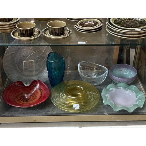 459 - 8 pieces of art glass including yellow posy vase, turquoise vase, Nybro glass boat bowl etc