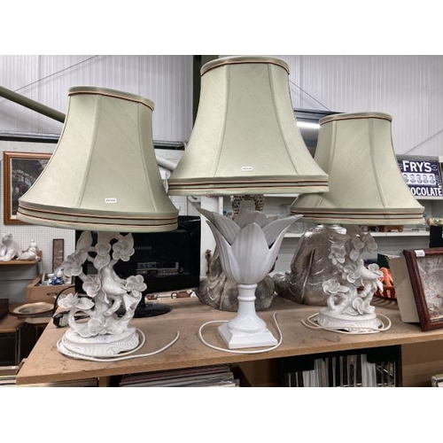 465 - Pair of Italian ceramic floral bird table lamps with shades 70H & a white ceramic petal table lamp w... 