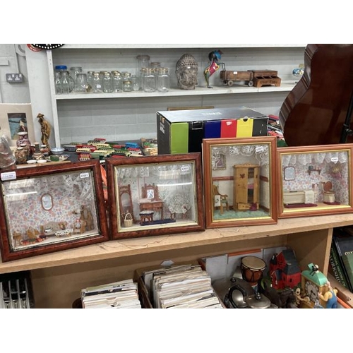 466 - 4 framed dolls house room scene dioramas (Two 30W 26H 10D, 25W 29H 11D & 29W 25H 11D)