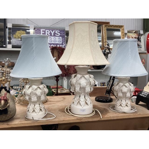 469 - 3 white ceramic table lamps with shades, pair 50H & single 60H