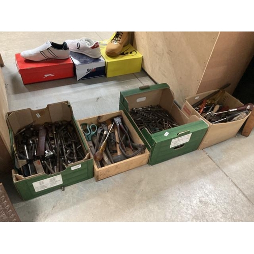 488 - 4 boxes of tools inc. drill bits, screwdrivers, rasps, vice, sockets etc.