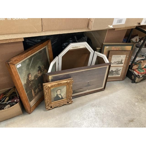 489 - 7 pictures & dressing table mirror inc. walnut framed coloured engraving 'Children Relieving A Begga... 