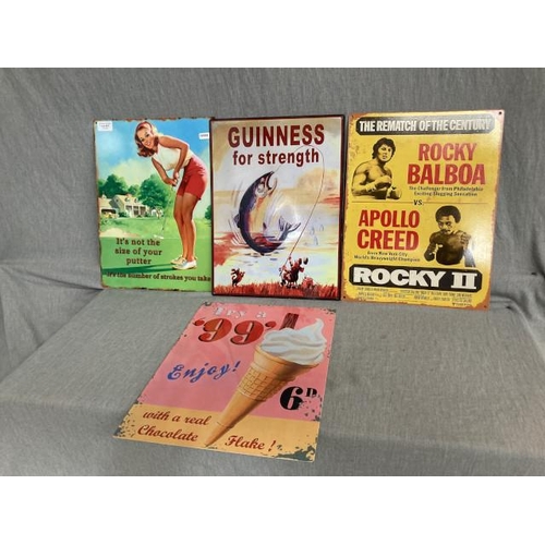 497 - 4 reproduction metal signs inc. Guinness, Rocky Balboa vs Apollo Creed etc. NEW 40x30cm