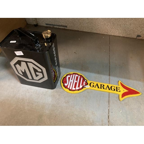 498 - Reproduction metal 'MG' petrol can & cast metal 'Shell' garage sign 49x15cm