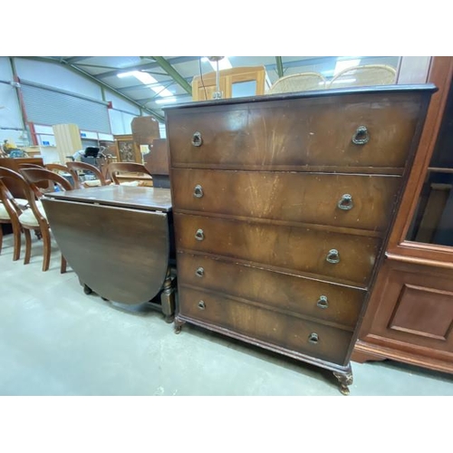 50 - Oak drop leaf table 74H 55-180W 90D and a walnut five drawer chest 114H 85W 47D