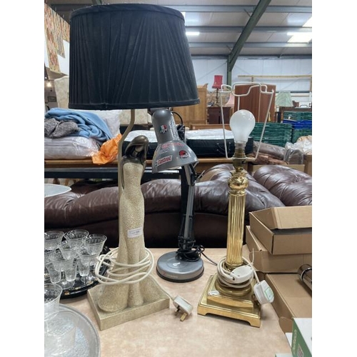 508 - Resin figurine table lamp with shade 71H, brass column style table lamp 41H and an anglepoise style ... 