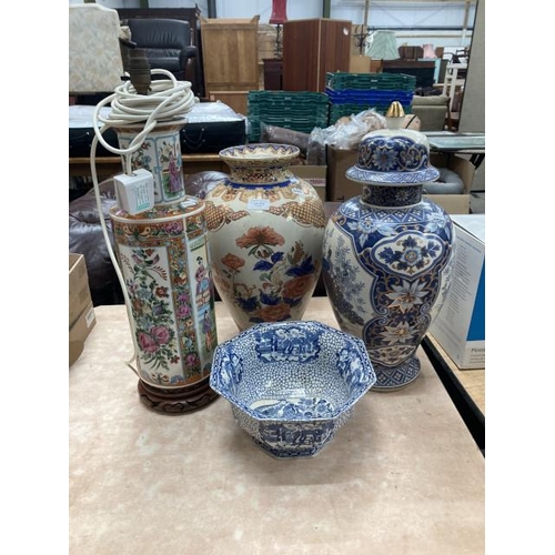 512 - Oriental style lamp 60H, oriental style vase 43H and vase with cover 54H and a blue and white Willia... 