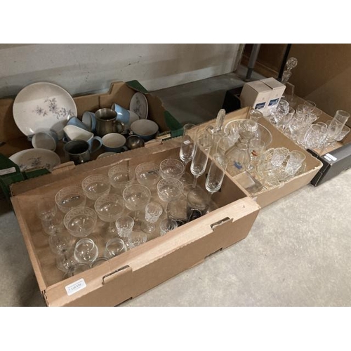 530 - 3 boxes of mixed glass wares including cut glass wine goblets, sherry glasses, fruit bowl, decanters... 