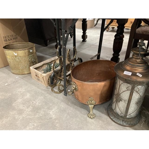 532 - Copper log bucket with claw feet, brass log bucket, reproduction metal 6 bottle wine rack and a box ... 