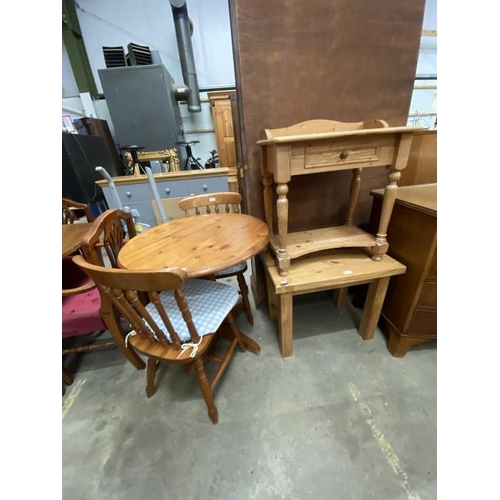 54 - Pine pedestal kitchen table 76H 77cm diameter and 2 chairs, Pine bedside table with one drawer 70H 6... 