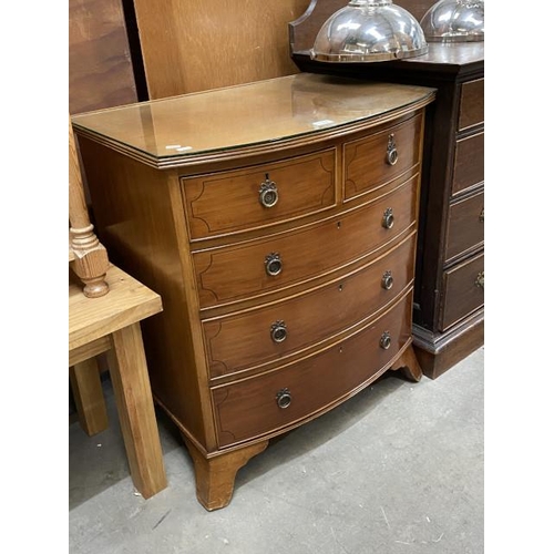 55 - Yew wood bow fronted 2 over 3 chest of drawers 84H 74W 54D