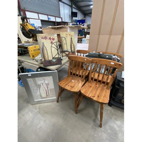 75 - 4 pine kitchen chairs 40W, frameless mirror etc