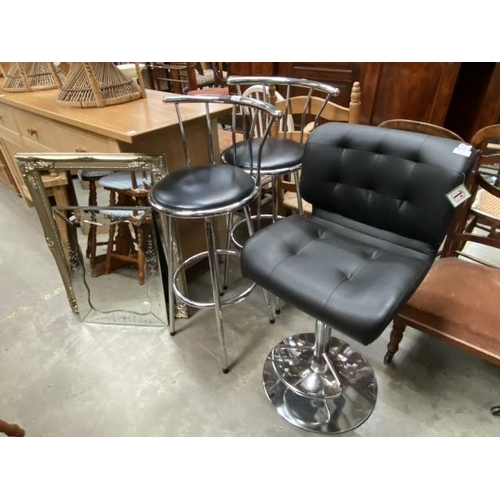 82 - 2 chrome framed bar stools 100H 51W 39D and a black faux leather and chrome rise and fall bar stool ... 