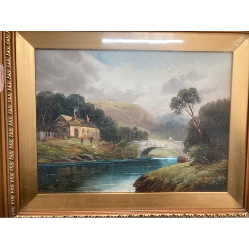 281 - Two antique gilt framed thatch cottage/ landscape scene oil paintings signed W.L 44x37cm (Some minor... 