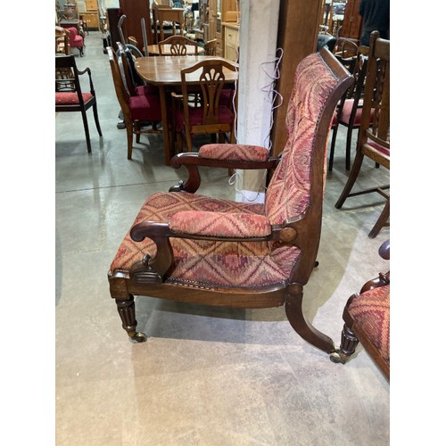 109 - Pair of Georgian mahogany reclining library armchairs with scroll arm supports and pull out leg rest... 