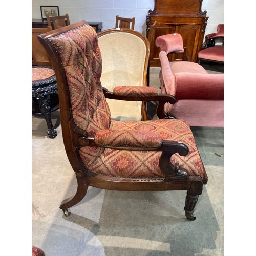 109 - Pair of Georgian mahogany reclining library armchairs with scroll arm supports and pull out leg rest... 