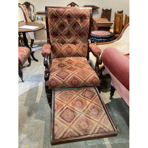 109 - Pair of Georgian mahogany reclining library armchairs with scroll arm supports and pull out leg rest... 