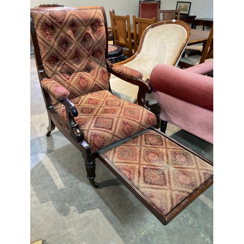 109 - Pair of Georgian mahogany reclining library armchairs with scroll arm supports and pull out leg rest... 