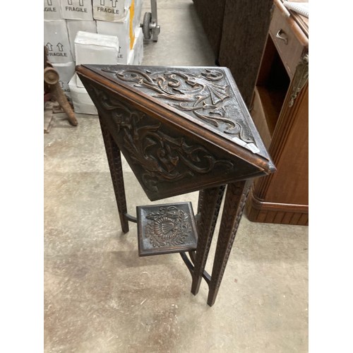 158 - Continental carved oak drop leaf corner table 67H 55W 28-54D