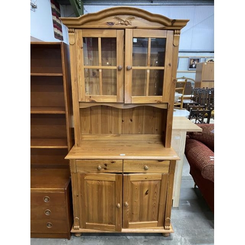 127 - Pine farmhouse kitchen dresser with glazed doors 190H 92W 42D