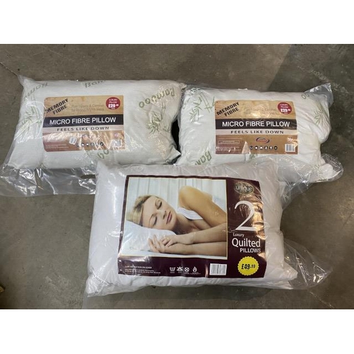 128 - Pair of luxury quilted pillows and 2 Memory Fibre pillows (new)