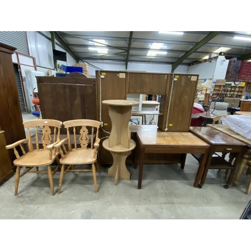 140 - Pair of pine splat back carver chairs 90H 55W 44D, 1970's teak fold over card table 71H 92W 51-102D,... 