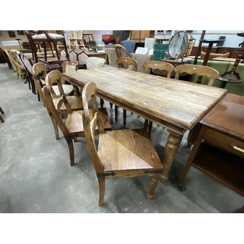 142 - Mexican pine dining table 77H 180W 91D and 6 chairs