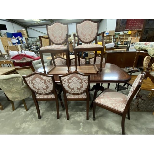 143 - Bridgecraft mahogany extending dining table 75H 190-235W 98D with one leaf and 8 chairs including 2 ... 