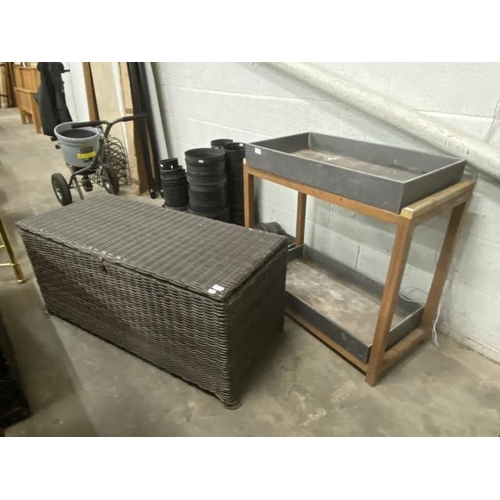 16 - Potting table 86H 87W 43D and a wicker effect garden storage box 54H 120W 52D