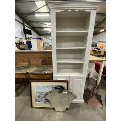 162 - Painted pine bookcase 183H 75W 37D, frameless Barbola mirror 53 x 64cm and a pencil signed K Melling... 