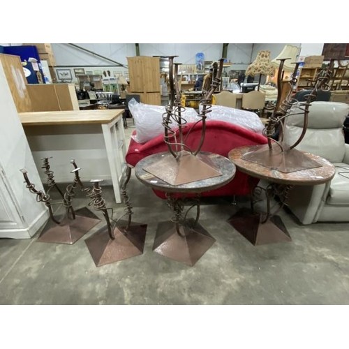 163 - 2 contemporary copper effect tables 66H 70cm diameter and 4 further table bases