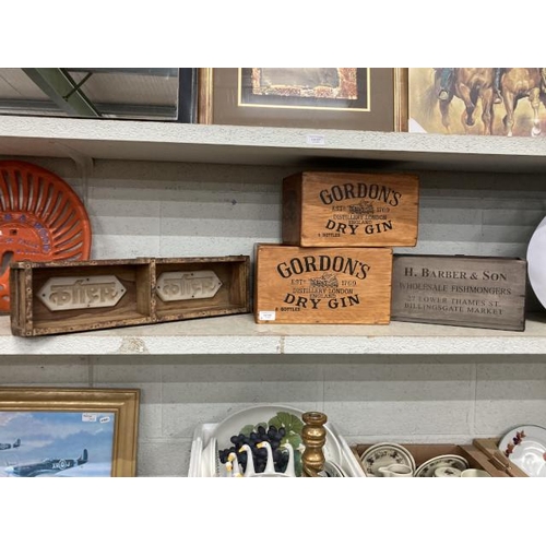 341 - Reproduction Indian brick mould, 2 wooden Gordon's Dry Gin storage crates & wooden H. Barber & Son s... 