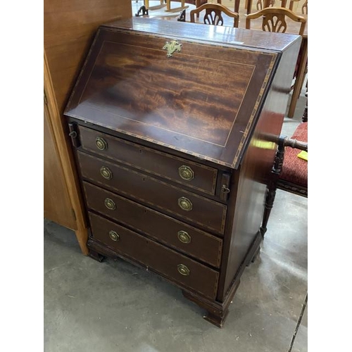 35 - Mahogany inlaid bureau with brass handles 103H 68W 47D