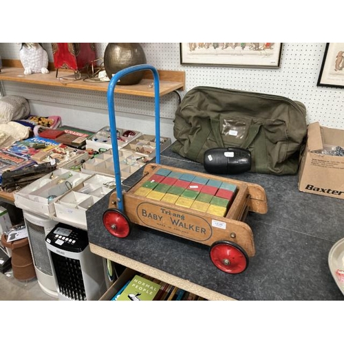 356 - Vintage Tri-ang baby walker with wooden building blocks