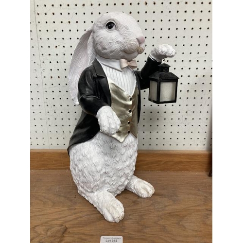 362 - Resin white rabbit holding lantern 38H, lantern lights up