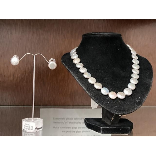 370 - Flat fresh water pearl necklace with silver clasp 43cm long with matching earrings