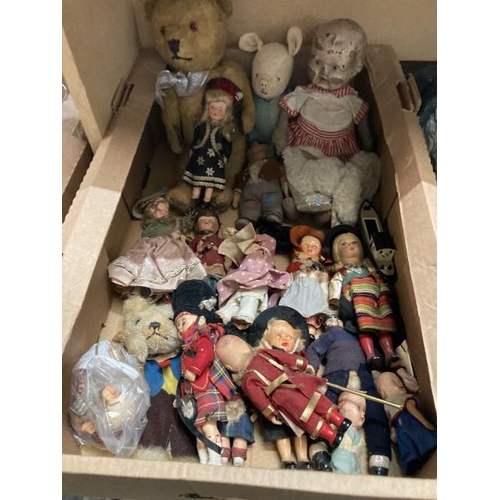 386 - Box of antique/ vintage dolls, mohair jointed teddy bear etc.