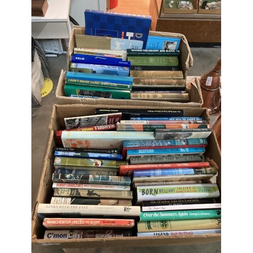 388 - 2 boxes of books inc. Rugby, racing cars, football, outdoors etc.