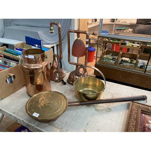 389 - Brass jam pan, copper & brass bed warming pan, copper milk churn (no cover) & 2 copper posser bases ... 