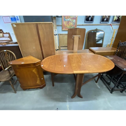 39 - Satinwood corner cupboard 81H 66W 44D and a mid century drop leaf table 75H 25-160W 91D