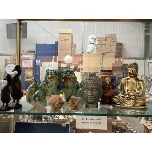 398 - Shelf of oriental collectables inc. gilt Buddha, pair of Chinese Temple dogs, satsuma vase etc.