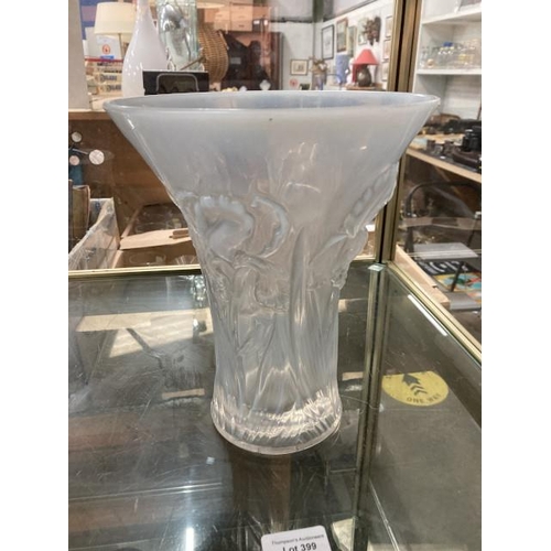 399 - Barolac deco opalescent relief moulded glass vase 24H