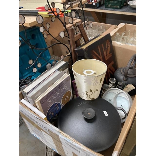 405 - Cast iron kettle, Le Creuset lidded casserole dish, picture stand, wall art etc.