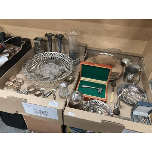 2 boxes of silver & silver plated collectables, 5 continental silver spoons 30g, reproduction pocket watch, chamber stick, pair of posy vases, cased sugar tongs decorated with fish, napkin rings etc.